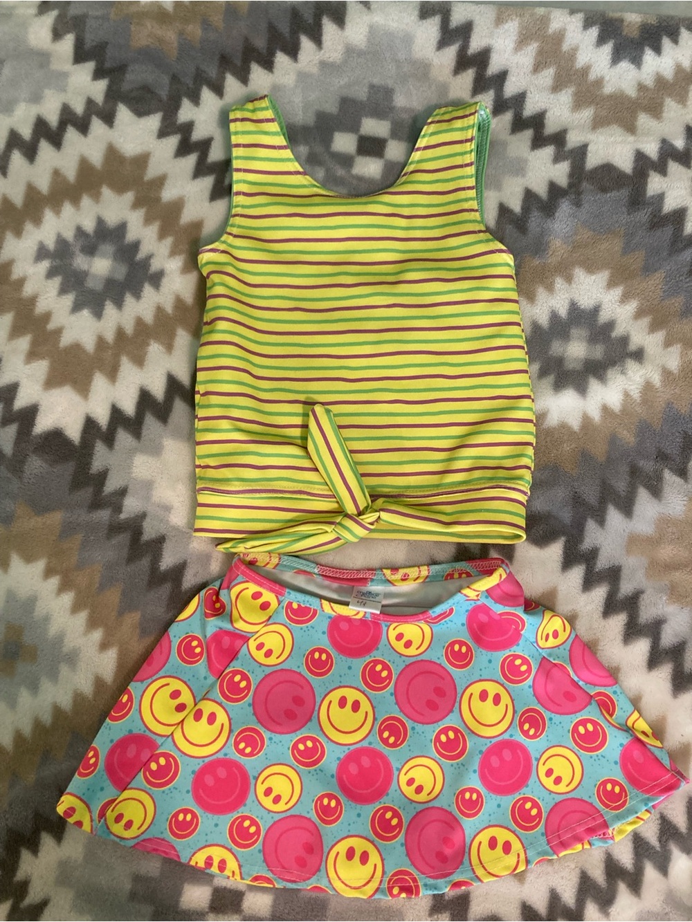 Girls color safe Striped Yellow & Green Tank Top and Smiley Skirt swim Set